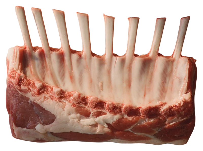 A frenched rack of lamb, eight cutlets with clean white bones.