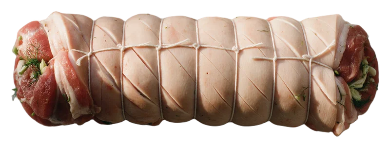 A rolled porchetta tied with white twine at even intervals.