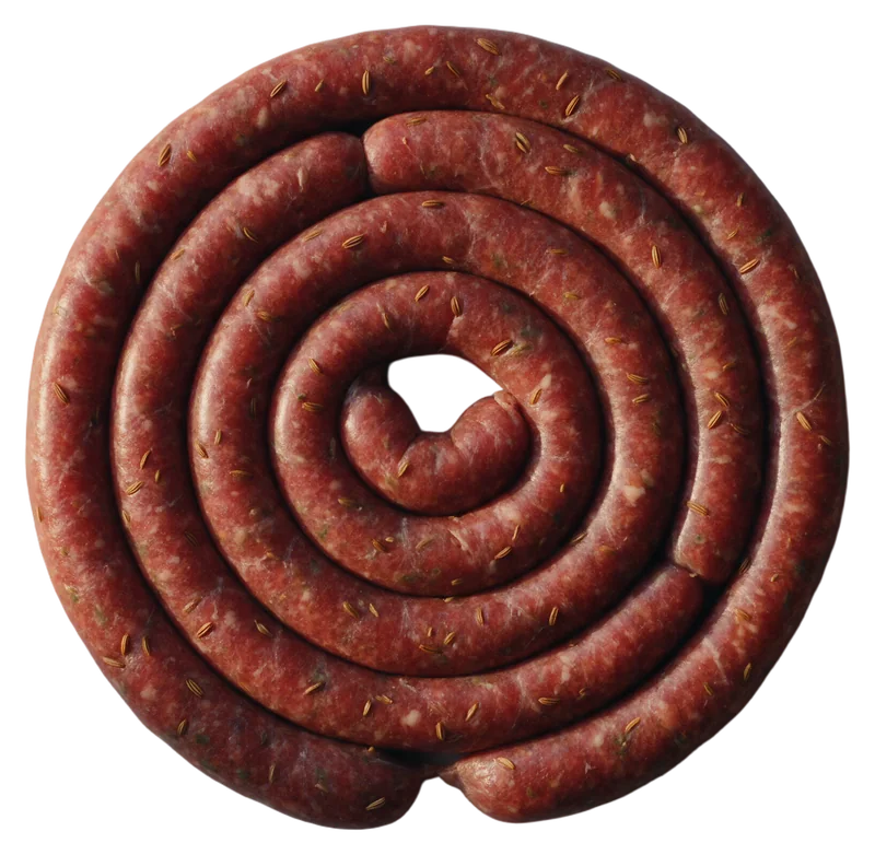 A long pork and fennel sausage wound into a flat spiral.